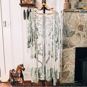 Anna-Kaci Sheer Sage Green Embroidered Boho Kimono Sleeve Duster One Size